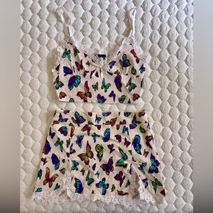 Dolls Kill Current Mood Rainbow Butterfly Print Lace Trim Mini Skirt Set